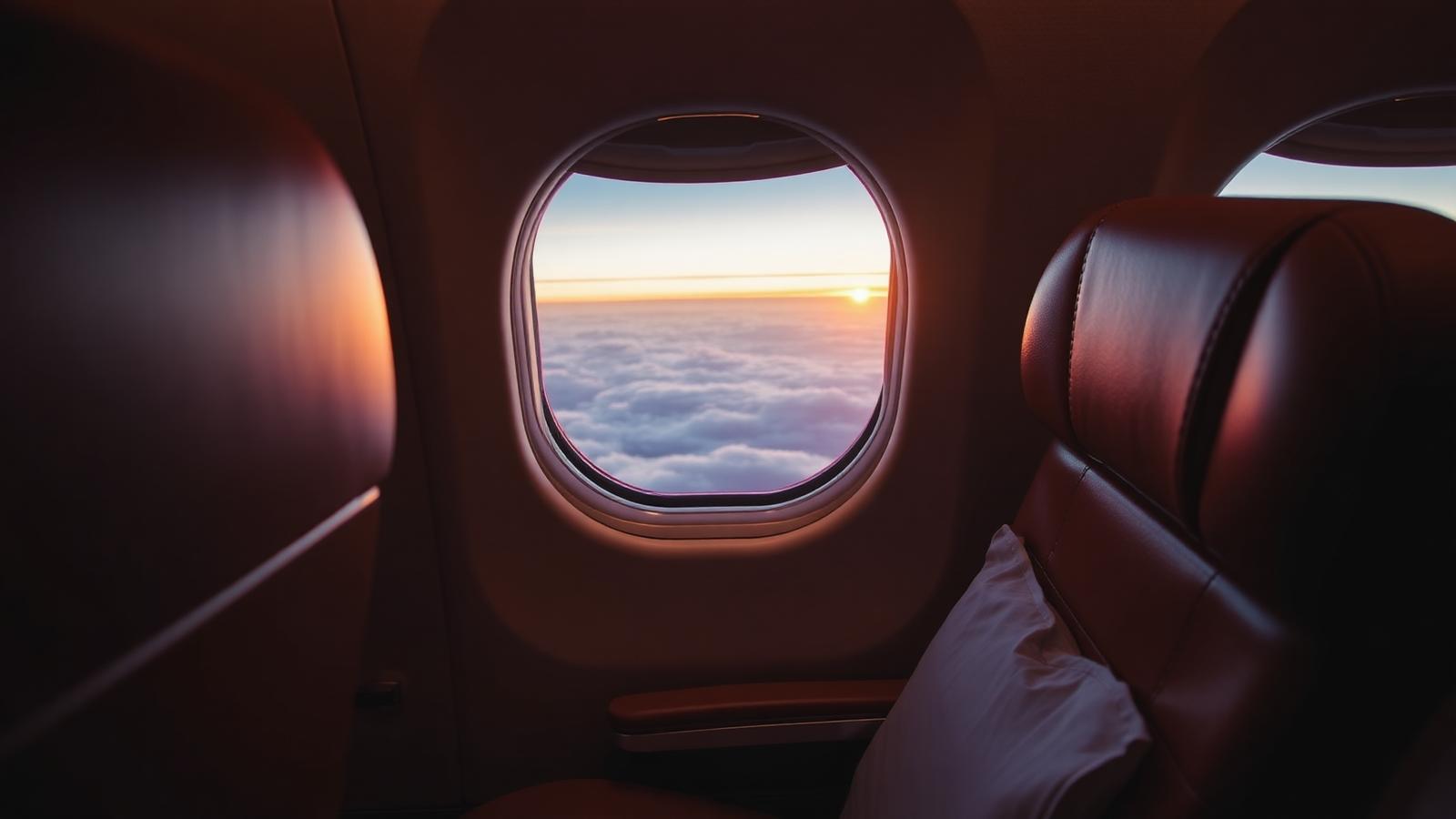 First-class cabin window seat above the clouds at sunset